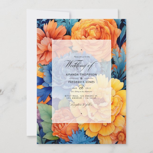 Invitation Mariage Floral Orange et Bleu Royal (Devant)