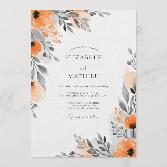 Invitation Mariage Floral Orange Impressionniste (Devant)