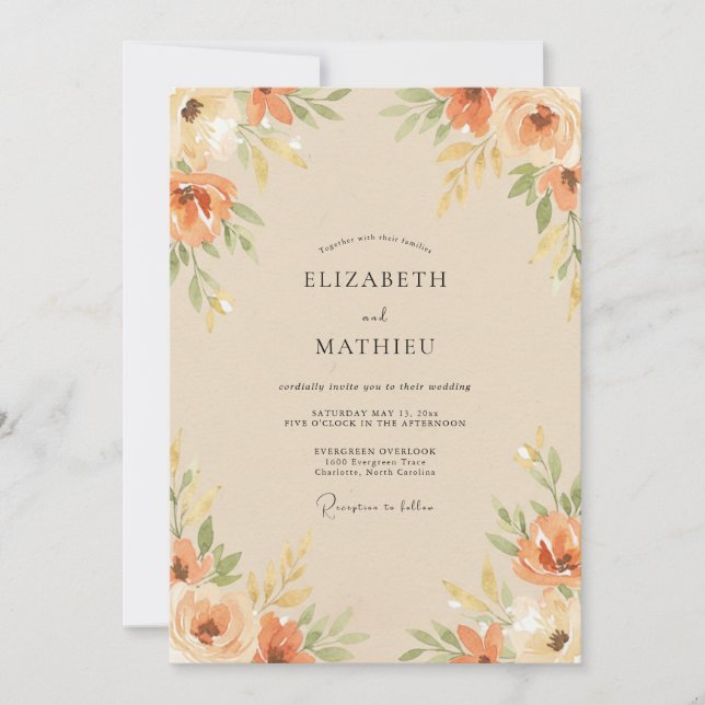 Invitation Mariage Floral Orange Pêche Élégant (Devant)