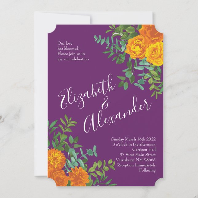Invitation Mariage Floral Orange & Plum Violet Peony & Rose (Devant)