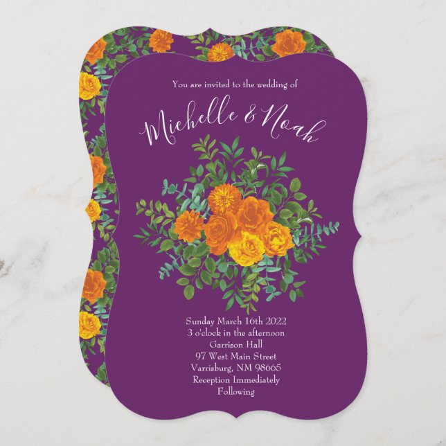 Invitation Mariage Floral Orange & Plum Violet Peony & Rose (Devant / Derrière)
