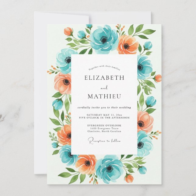 Invitation Mariage Floral Orange Sarcelle (Devant)