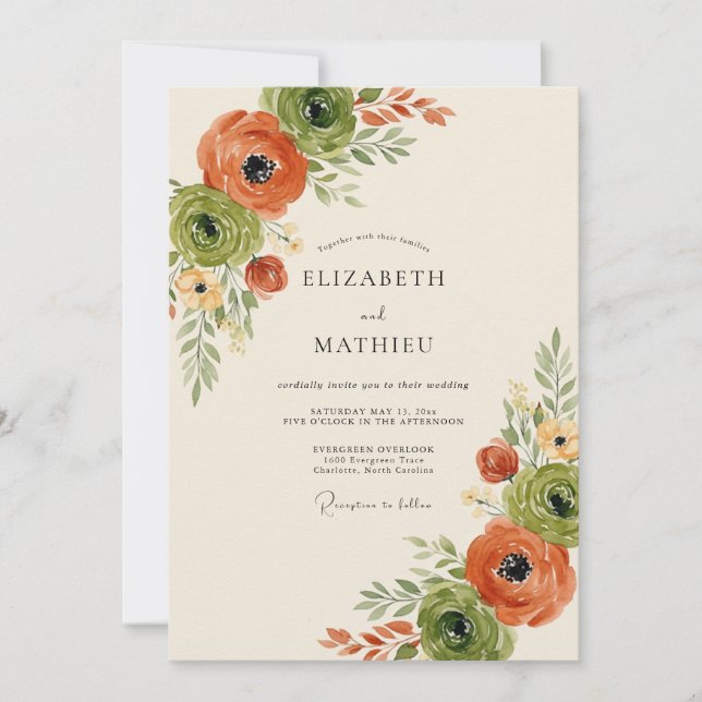 Invitation Mariage Floral Orange Vert Automne (Devant)