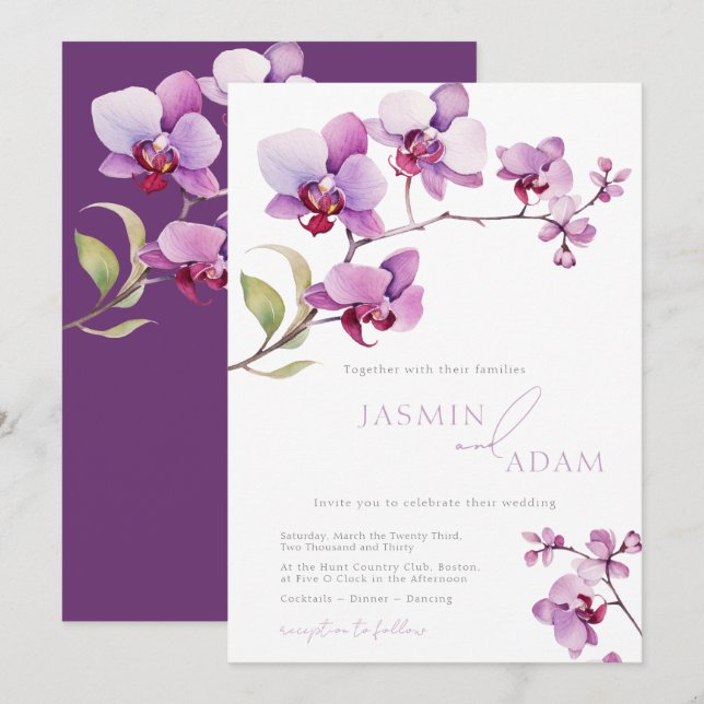 Invitation Mariage Floral Orchidée Violette Élégant (Devant / Derrière)