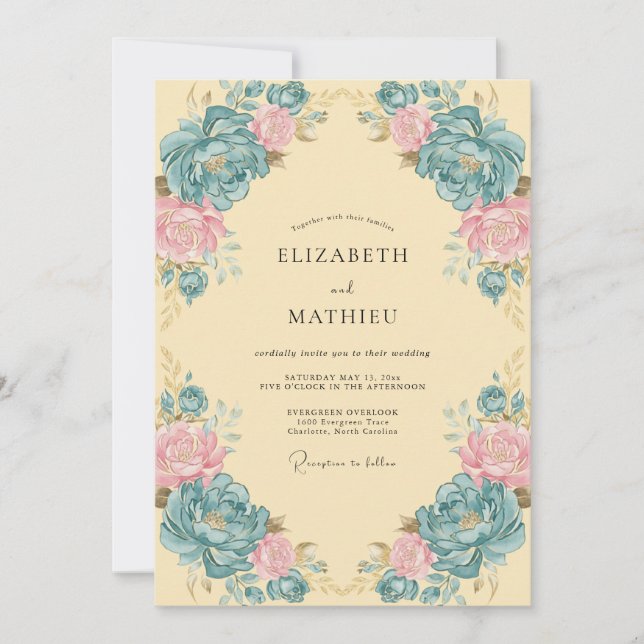 Invitation Mariage Floral Orné de Sarcelle (Devant)