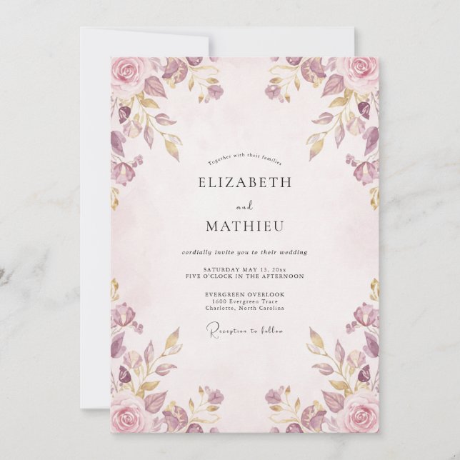 Invitation Mariage Floral Orné Mauve (Devant)