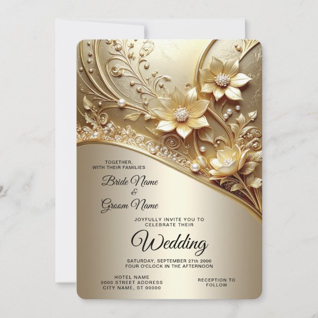 Invitation Mariage Floral Orné Moderne en Or avec Perles (Devant)