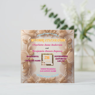 Invitation Mariage Floral Pailleté Doré Bohème Rustique
