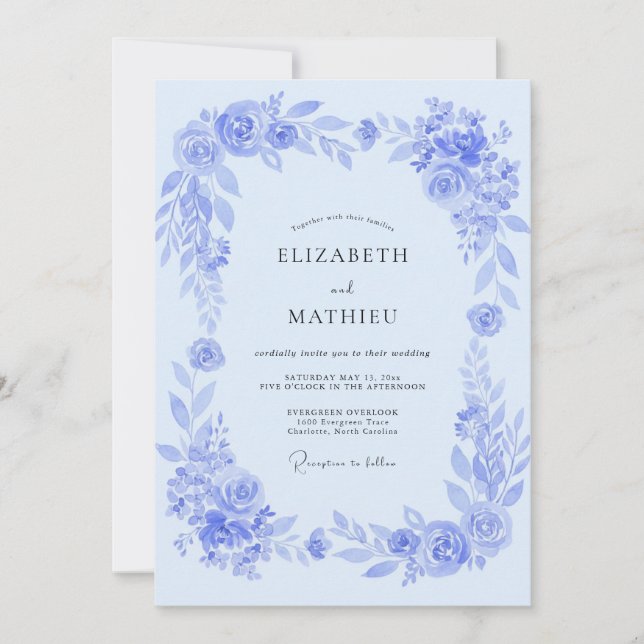 Invitation Mariage Floral Painter dans les Tons Bleu Poudre (Devant)