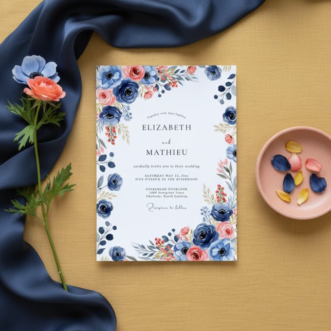 Invitation Mariage Floral Painter Naval (Créateur téléchargé)