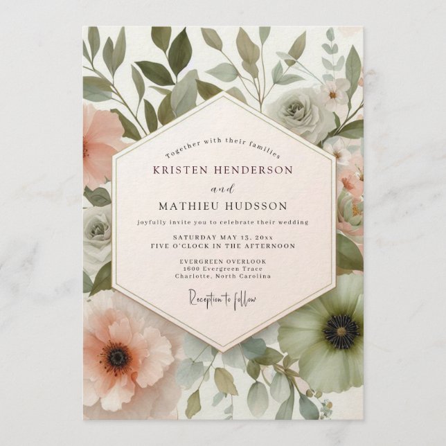 Invitation Mariage Floral Painterly Rose Clair (Devant)