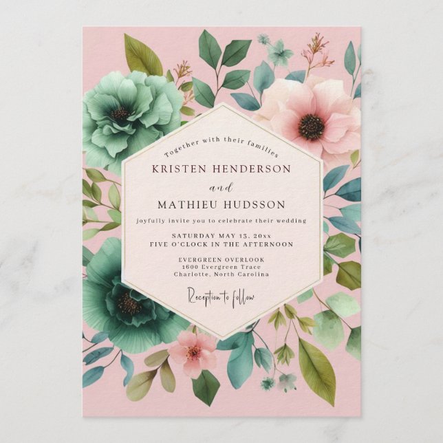 Invitation Mariage Floral Painterly Teinte de Rose et Sarcell (Devant)