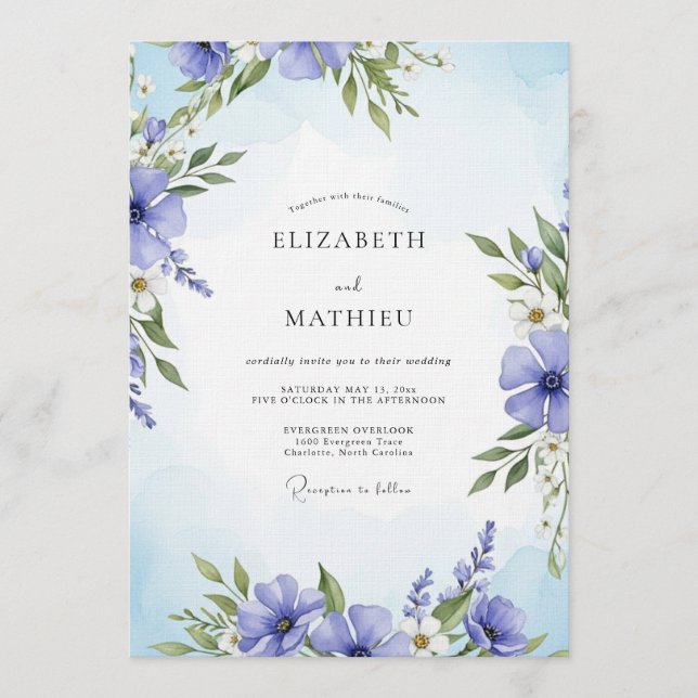Invitation Mariage Floral Painterque Periwinkle (Devant)