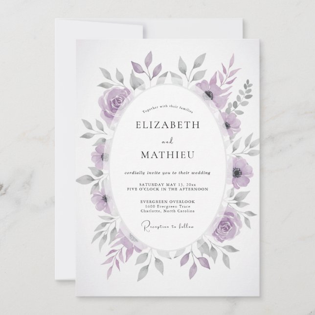 Invitation Mariage Floral Painterre Violet Poussiéreux (Devant)