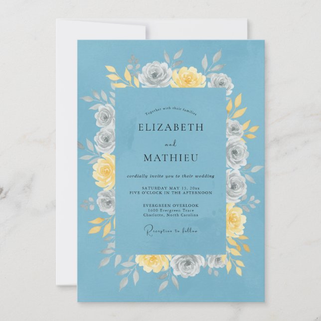 Invitation Mariage Floral Paisible Bleu Poussiéreux (Devant)