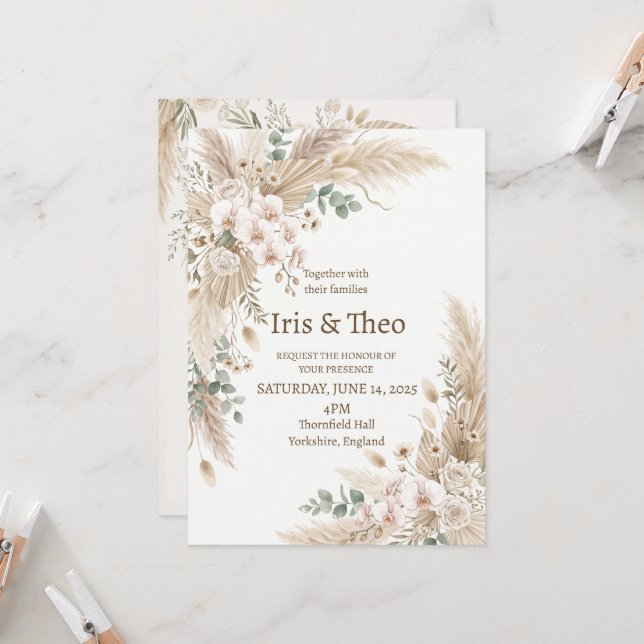 Invitation Mariage Floral Pampas Neutre (Devant/Arrière en situation)