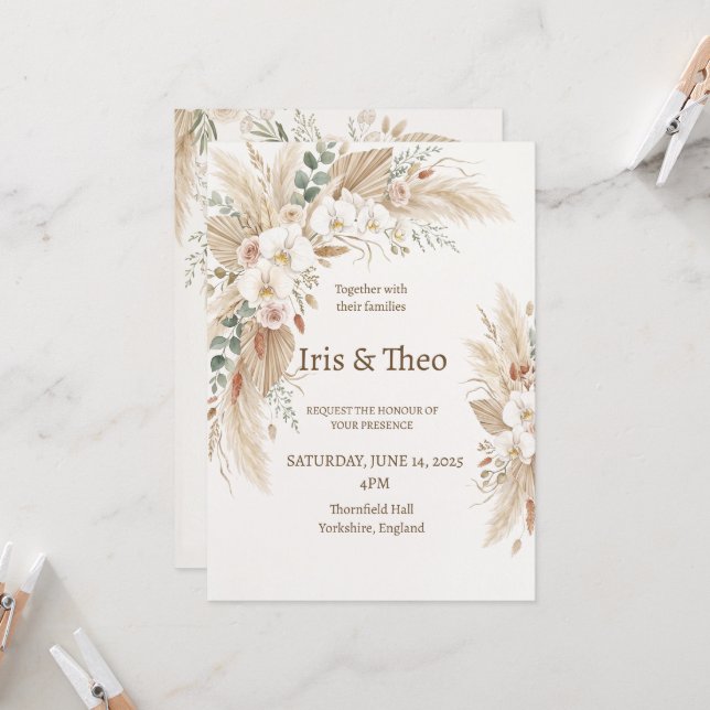 Invitation Mariage Floral Pampas Neutre (Devant/Arrière en situation)