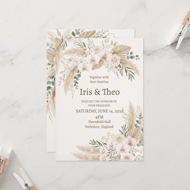 Invitation Mariage Floral Pampas Neutre (Devant/Arrière en situation)