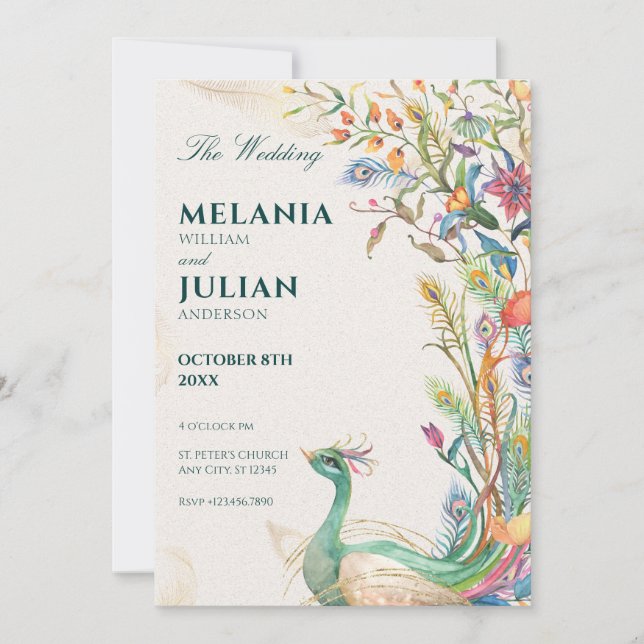 Invitation Mariage floral paon rustique (Devant)