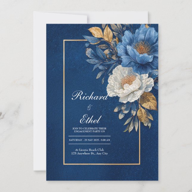 Invitation Mariage Floral Paonée Blanc Bleu Nuit Or (Devant)