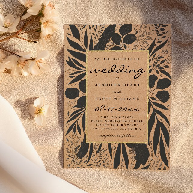 Invitation Mariage floral papier brun rustique noir or (Rustic brown paper black gold floral wedding)