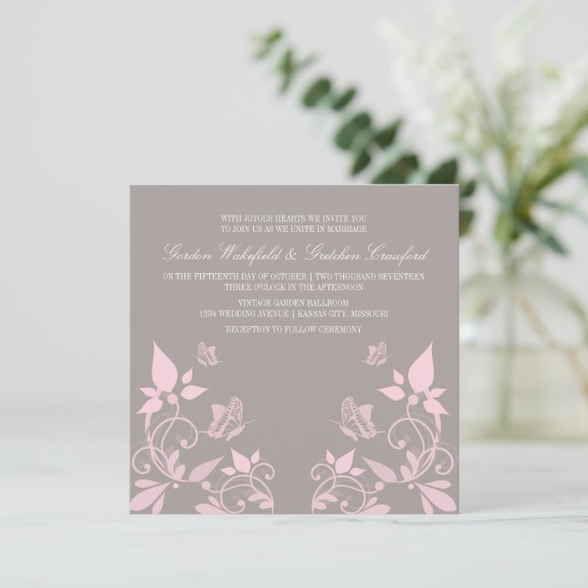 Invitation Mariage Floral Papillon rose Inviter (Debout devant)