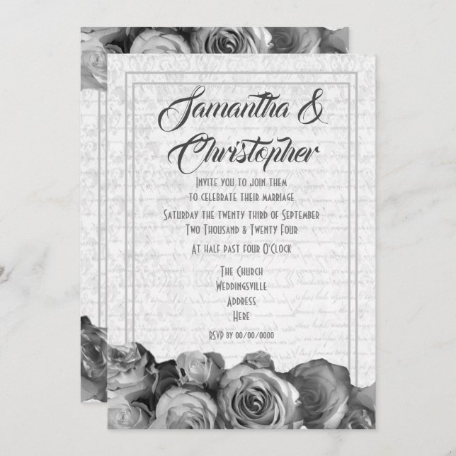 Invitation Mariage floral parchemin noir et blanc (Devant / Derrière)