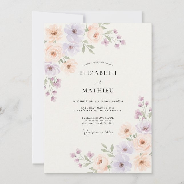 Invitation Mariage Floral Pastel à la Lavande (Devant)