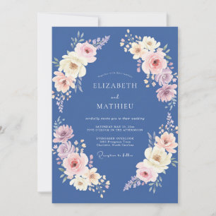 Invitation Mariage Floral Pastel Bleu Acier