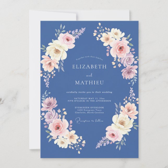 Invitation Mariage Floral Pastel Bleu Acier (Devant)