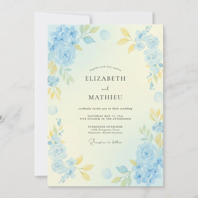 Invitation Mariage Floral Pastel Bleu Clair (Devant)