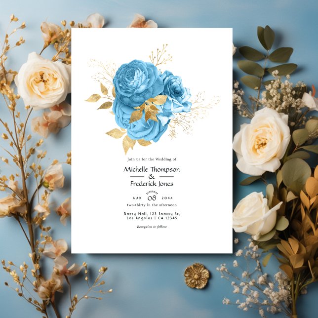 Invitation Mariage floral Pastel Bleu et Or (Créateur téléchargé)