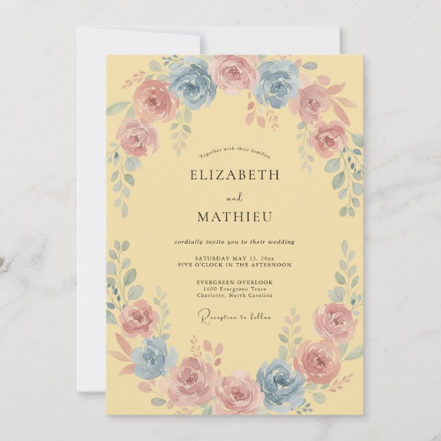 Invitation Mariage Floral Pastel Jaune Pâle (Devant)