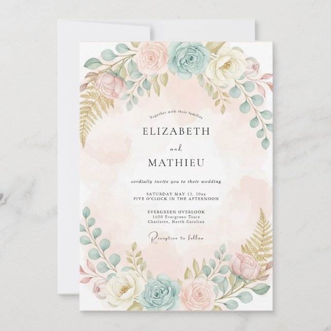 Invitation Mariage Floral Pastel Pêche (Devant)