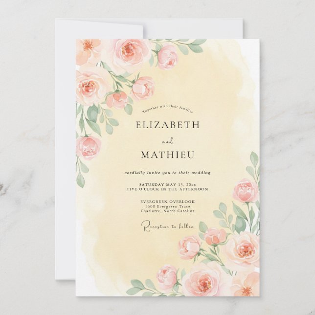 Invitation Mariage Floral Pastel Pêche Embrassant (Devant)