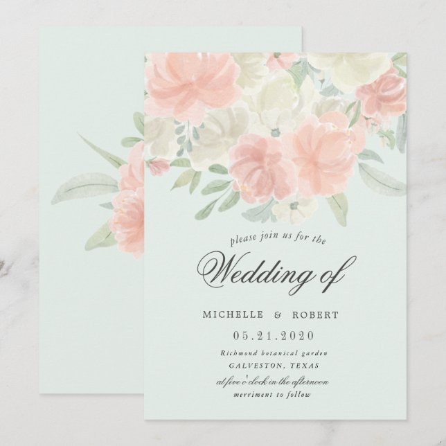 Invitation mariage floral pastel printemps léger (Devant / Derrière)
