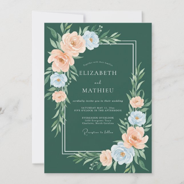 Invitation Mariage Floral Pastel Vert Forêt (Devant)