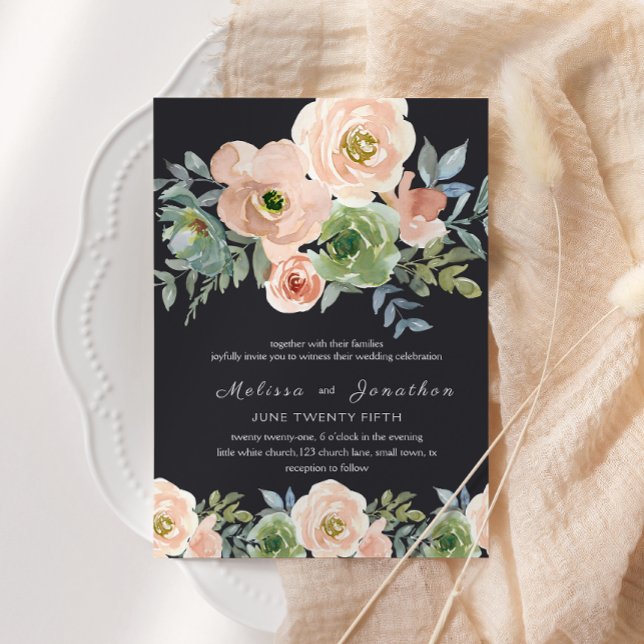 Invitation Mariage Floral Pastel Vert Pêche et Navy (Créateur téléchargé)