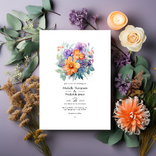 Invitation Mariage Floral Pastel Violet, Orange et Menthe