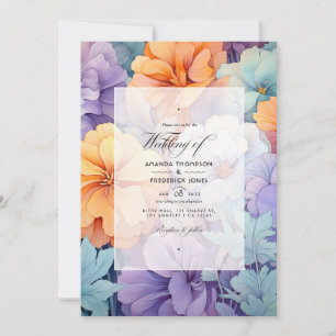 Invitation Mariage floral pastel violet, orange et menthe
