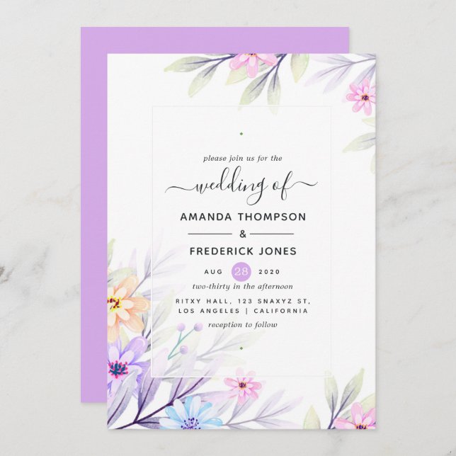 Invitation Mariage floral Pastel Watercolor (Devant / Derrière)