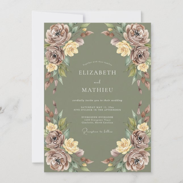 Invitation Mariage Floral Pastoral Vert Mousse (Devant)