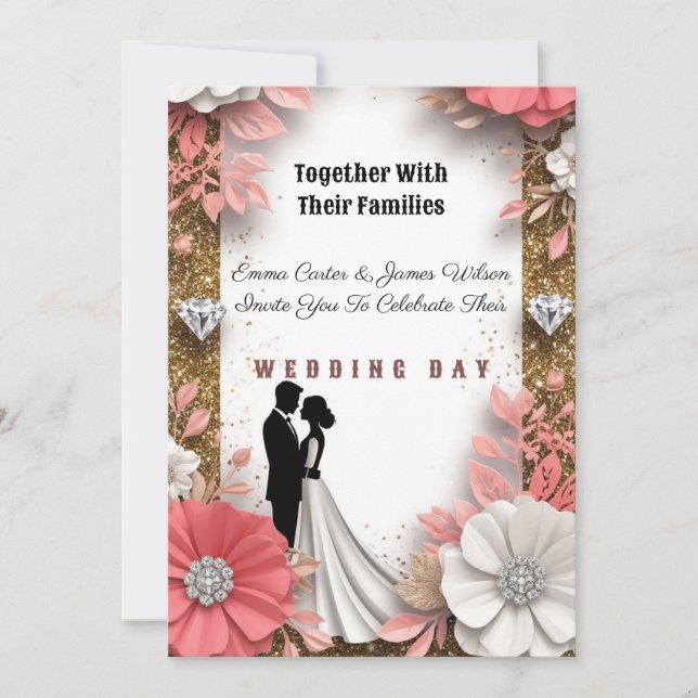 Invitation 💍 Mariage Floral Peach Or Sur Fond De Printemps  (Devant)