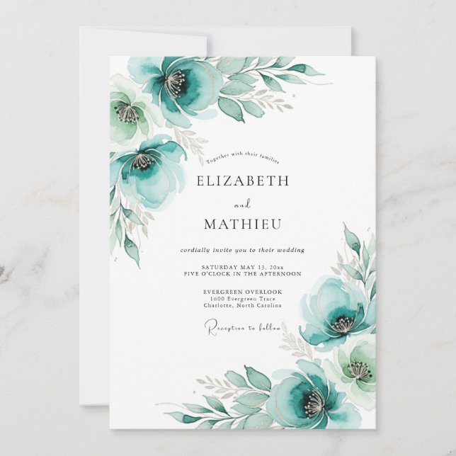 Invitation Mariage floral peint à la teinte sarcelle (Devant)