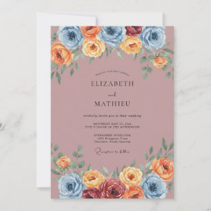 Invitation Mariage Floral Peint Bleu Poussiéreux