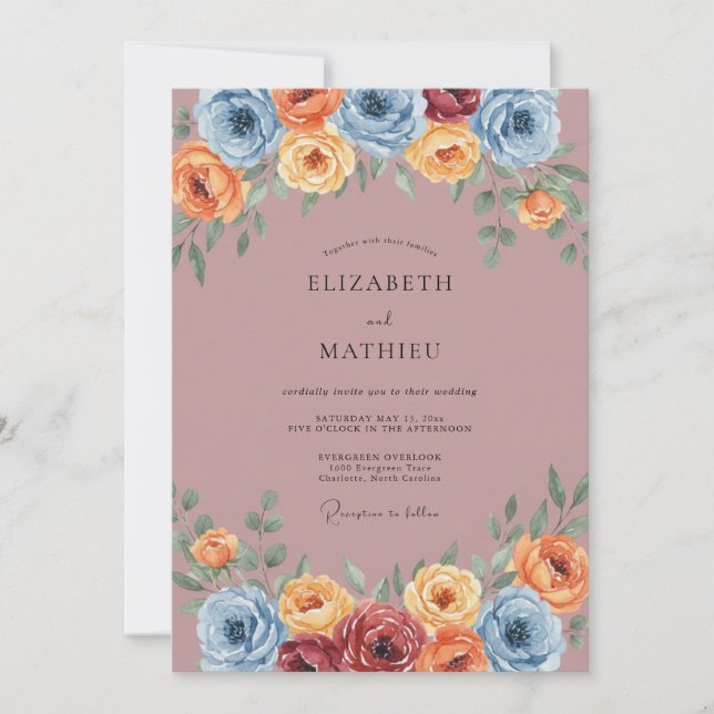 Invitation Mariage Floral Peint Bleu Poussiéreux (Devant)