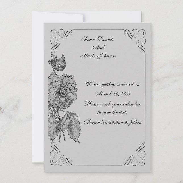 Invitation Mariage Floral Peony Argent Noir Enregistrer La Da (Devant)