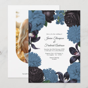 Invitation Mariage floral photo/code QR bleu foncé et poussié
