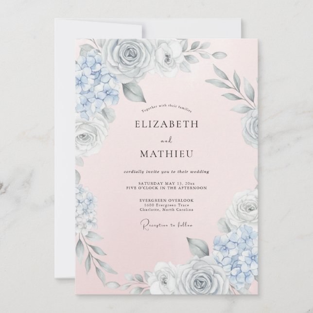 Invitation Mariage Floral Pinceau Gris Bleu (Devant)
