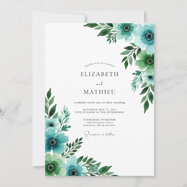 Invitation Mariage Floral Pittoresque Sarcelle (Devant)